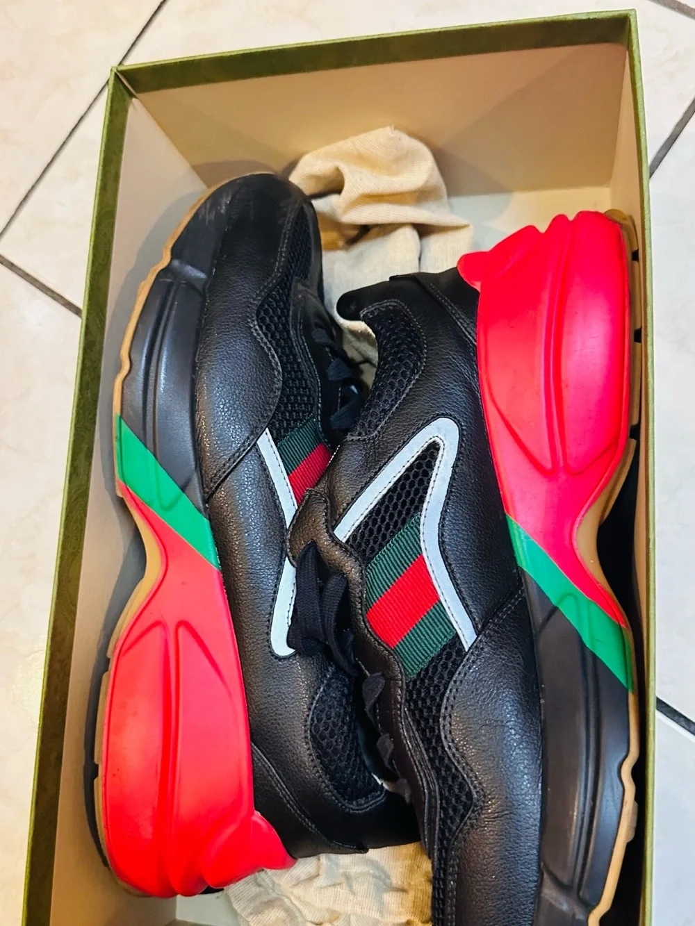 Gucci Black Sneakers with Red & Green Stripe and Red Soles
